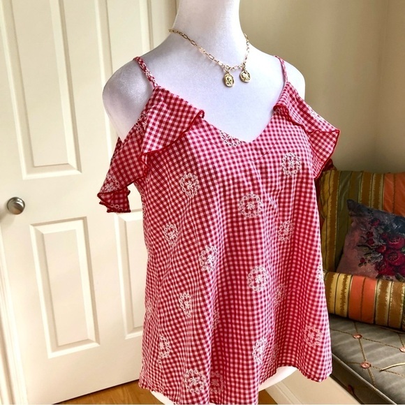 Gingham Top Embroidered Red & White Cotton Gypsies & Moondust (S) - Picture 4 of 8